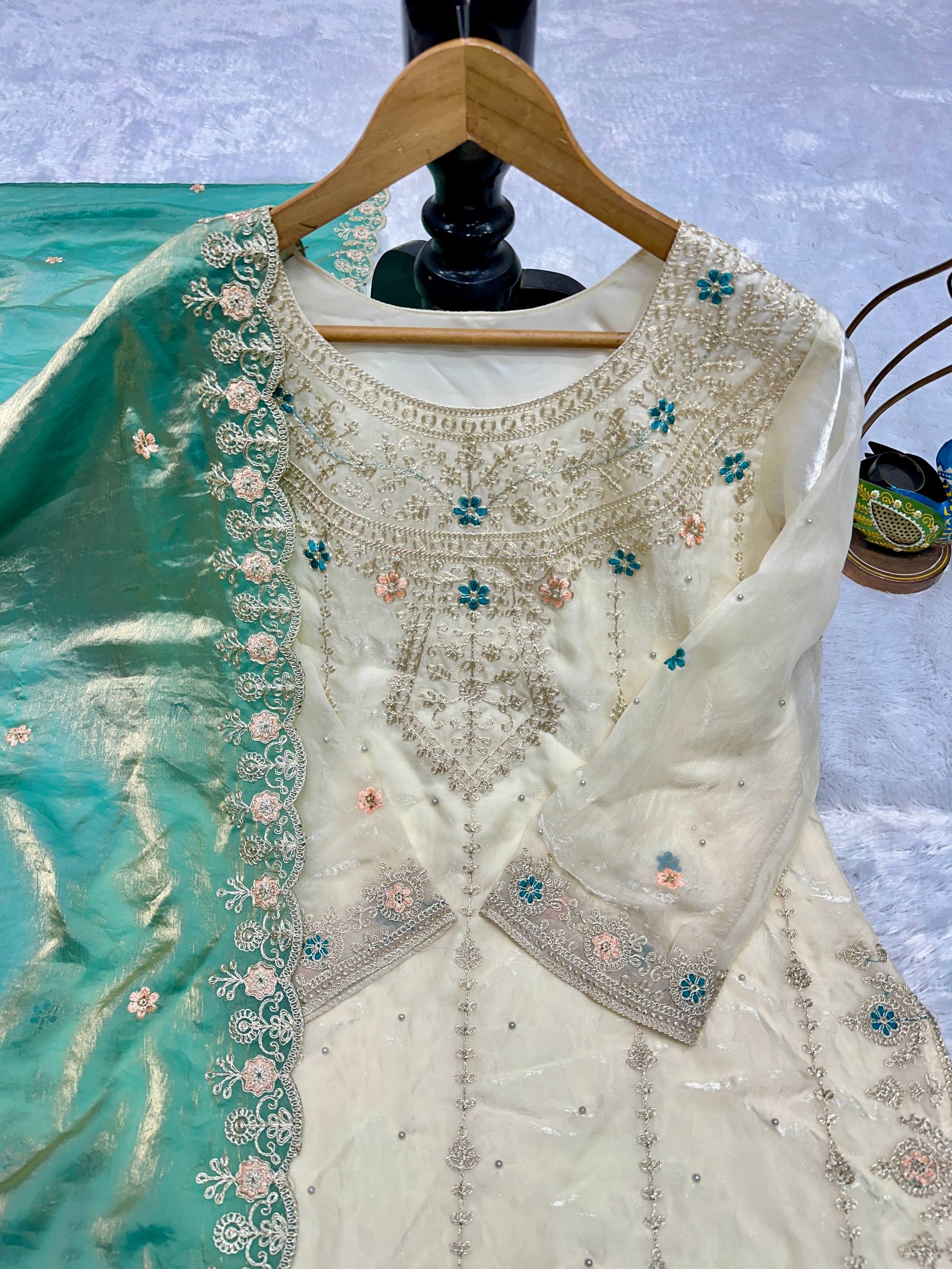Ivory & Sea Glass Embroidered Kurta Set